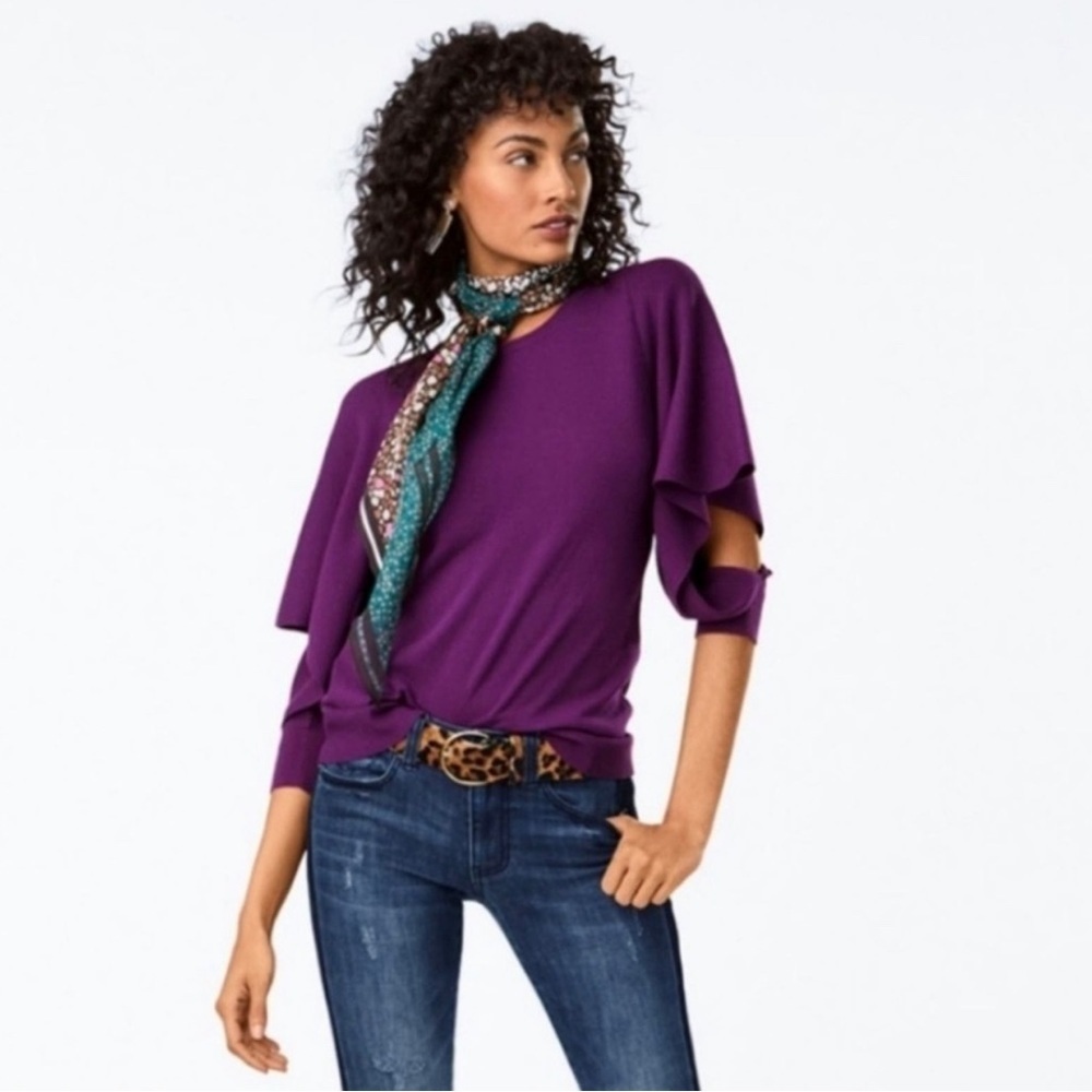 Cabi Women's Peek Pullover French Violet Purple flounce sleeve blouse size: M